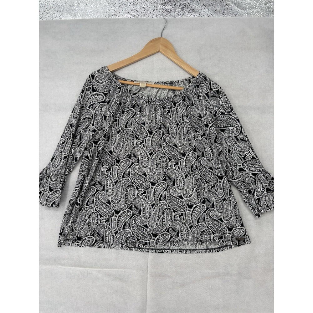 Michael Kors Black & White Paisley 3/4 Bell Sleeve Top Blouse L Office Interview